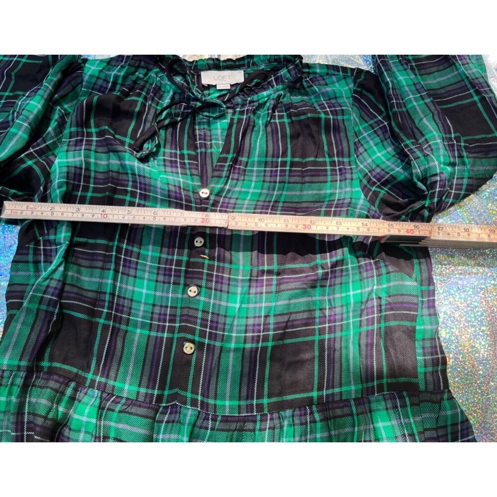 LOFT Tartan Plaid Puff Sleeve Tiered Dress Womens XS Green Blue Modern Grunge - Picture 10 of 12